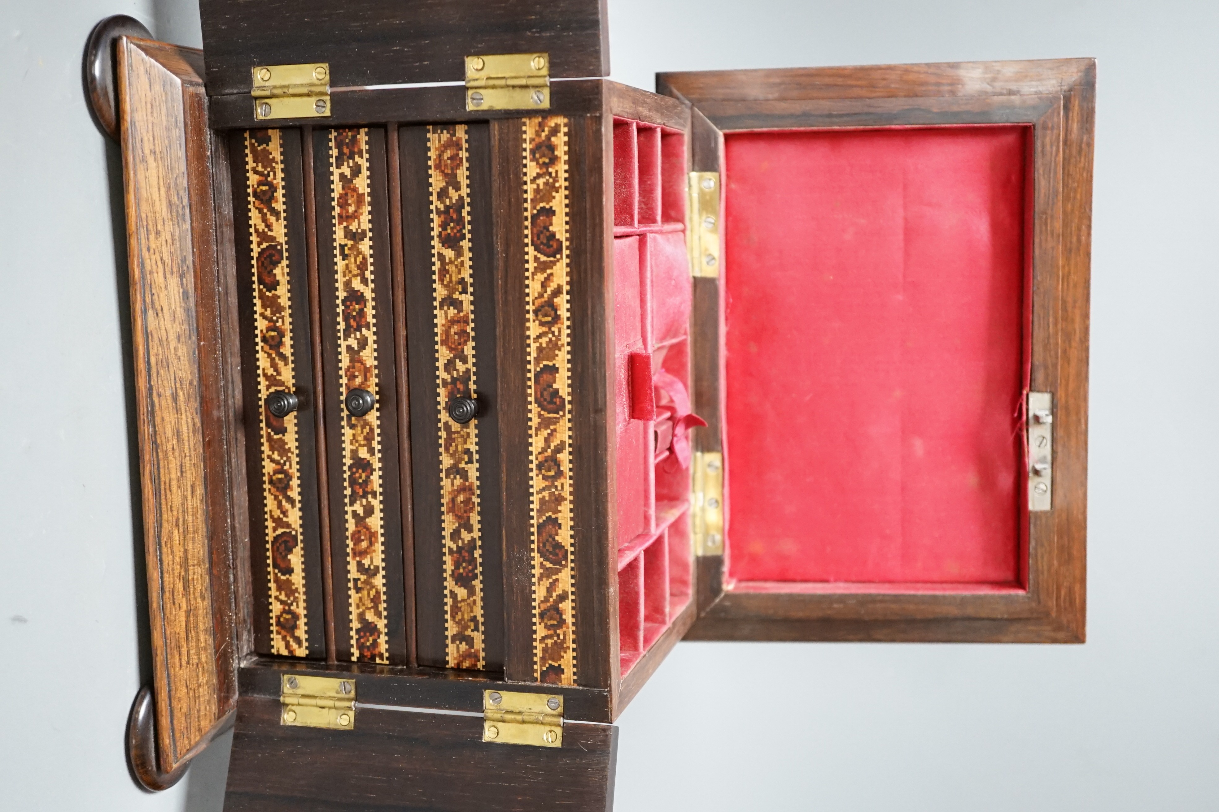 A Tunbridge ware rosewood and holly ground tesserae mosaic sewing cabinet, mid 19th century, 17.5cm high